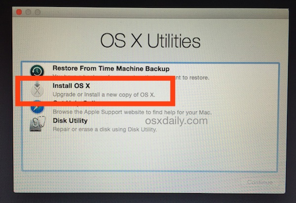 Elija la instalación de OS X Yosemite para comenzar una nueva instalación