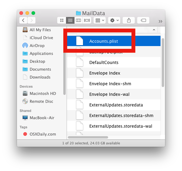 Edite el archivo plist de las cuentas de correo en Mac OS X.