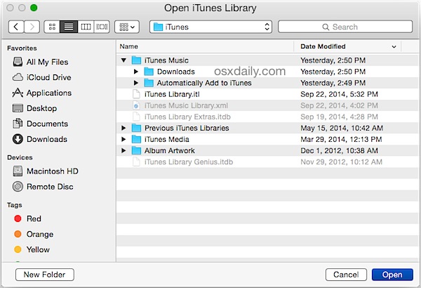 Seleccione la biblioteca de iTunes para compartir entre particiones