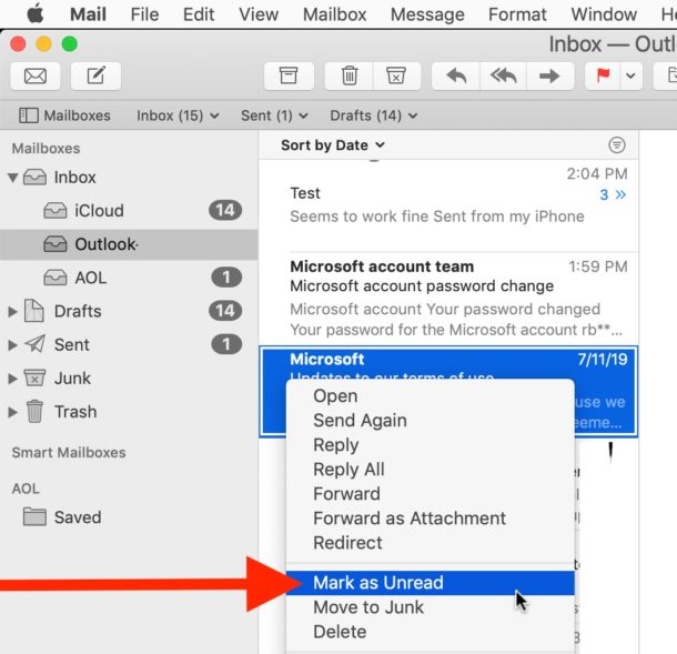 Cómo marcar como no leído o leído en el correo electrónico de Mac con un clic derecho