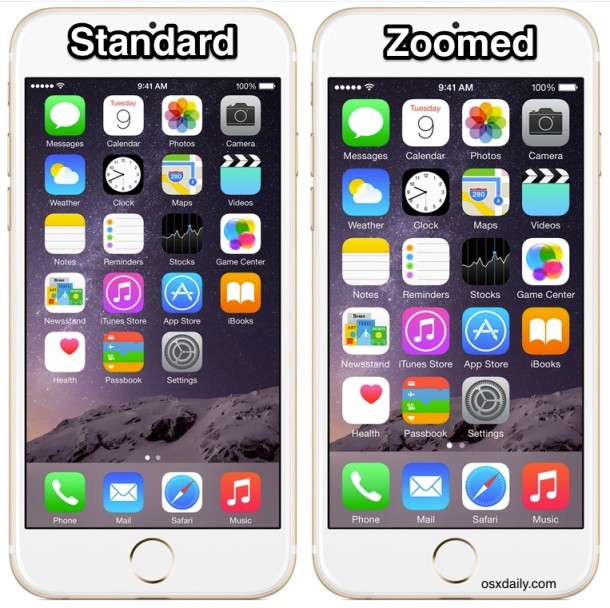 Modo de visualización estándar del iPhone frente al zoom