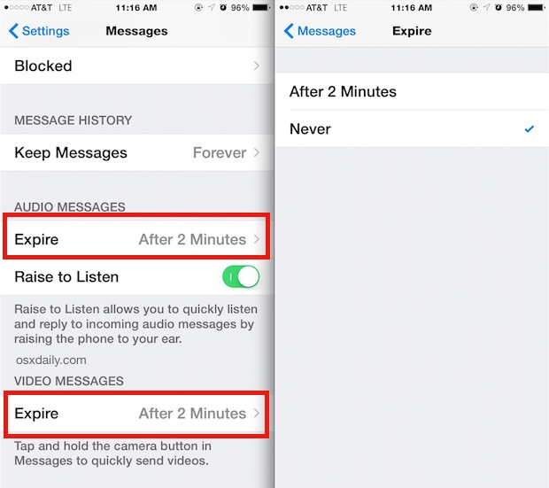 Eliminar automáticamente mensajes multimedia en iOS