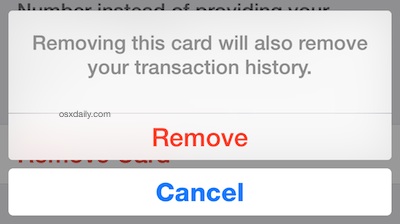 Eliminar una tarjeta de crédito o débito de Apple Pay también elimina el historial de transacciones almacenado en el iPhone para esa tarjeta