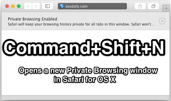 Atajo de teclado en la ventana de navegación privada de Safari en Mac OS X.