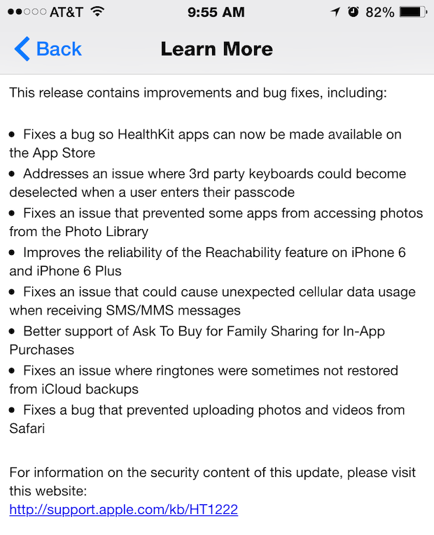 Notas de la versión para iOS 8.0.1