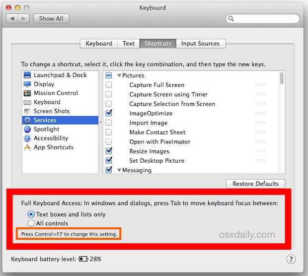 Cambiar la navegación de pestañas en Mac OS X con una pulsación de tecla