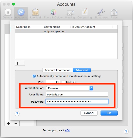 Configure manualmente la contraseña del correo saliente e inicie sesión en la aplicación de correo electrónico de Mac OS X