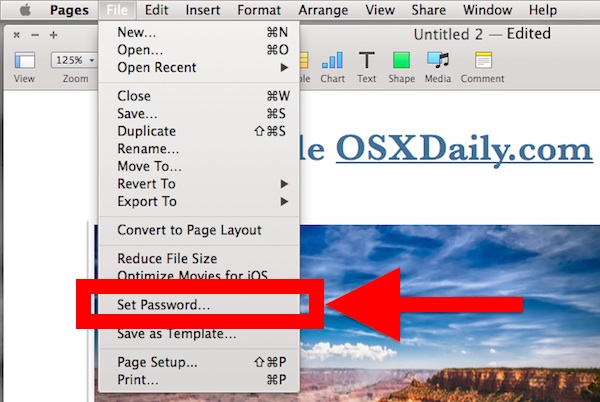 Establezca una contraseña para el archivo iWork en Mac OS X.