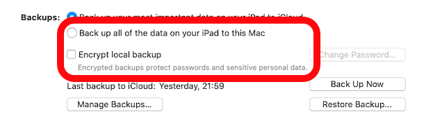 Seleccione las opciones de copia de seguridad de su iPhone o iPad en MacOS Finder