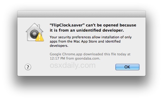 No se puede instalar un protector de pantalla en la advertencia de Mac OS X de un desarrollador no identificado