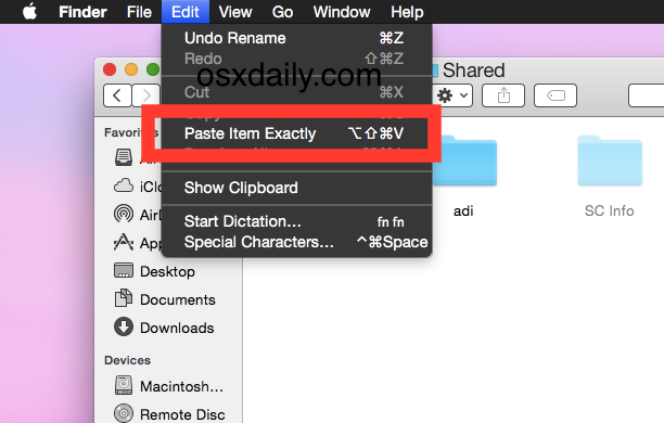 Inserte el elemento Exacto para mover un archivo manteniendo los permisos en Mac OS X.