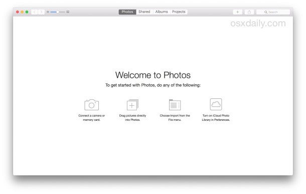 la pantalla Nueva biblioteca de fotos le permite agregar imágenes a su biblioteca de fotos de OS X