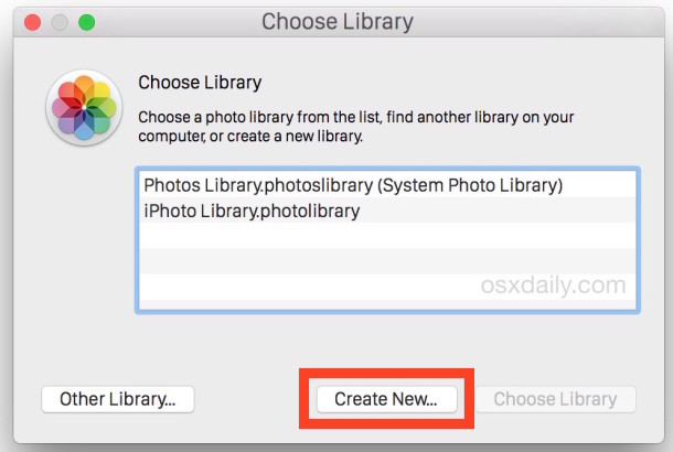 Cree una nueva biblioteca de fotos en la aplicación Fotos para Mac OS X.