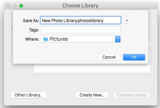 Nombra la nueva biblioteca de fotos y guárdala en algún lugar de tu Mac