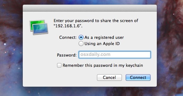 Conéctese a un servidor VNC remoto en Mac OS X con la aplicación Screen Sharing