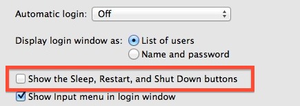 Ocultar botones de suspensión, reiniciar y apagar en las pantallas de inicio de sesión de Mac OS X