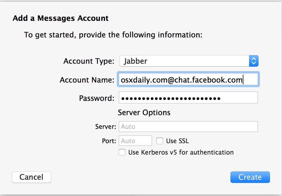 Agregue el chat de Facebook para la compatibilidad con Facebook Messenger en la aplicación Mensajes de Mac OS X