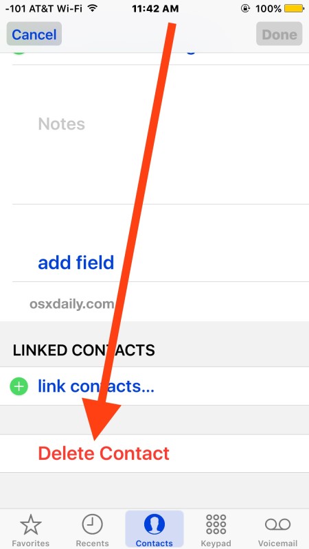 Eliminar un contacto de iPhone con iOS en la aplicación Contactos