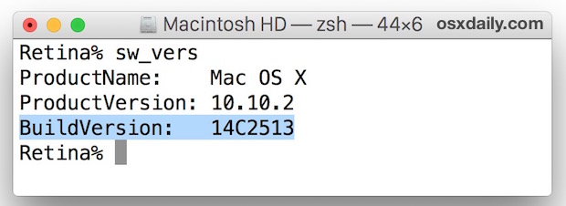 Encuentre el número de compilación de Mac OS X desde la línea de comando con sw_vers