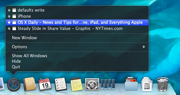 Ventanas minimizadas almacenadas en el icono de la aplicación en Mac OS X Dock