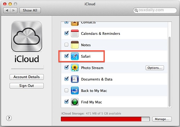 Habilite la sincronización de marcadores en iCloud y Safari para Mac OS X.