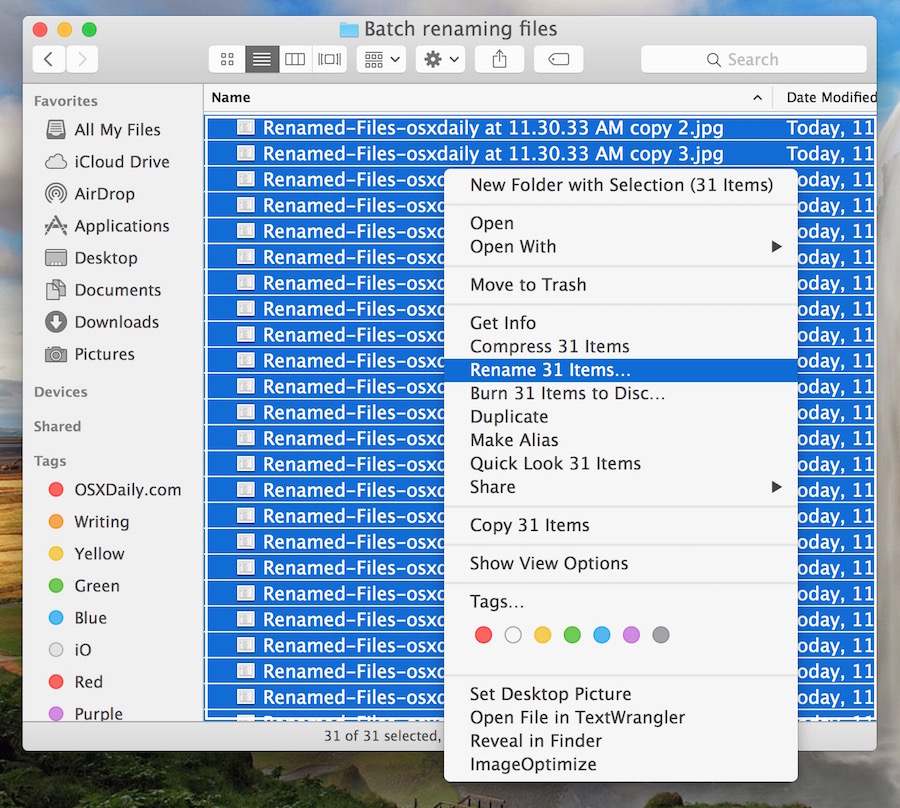 seleccione los archivos para el cambio de nombre por lotes en Mac Finder