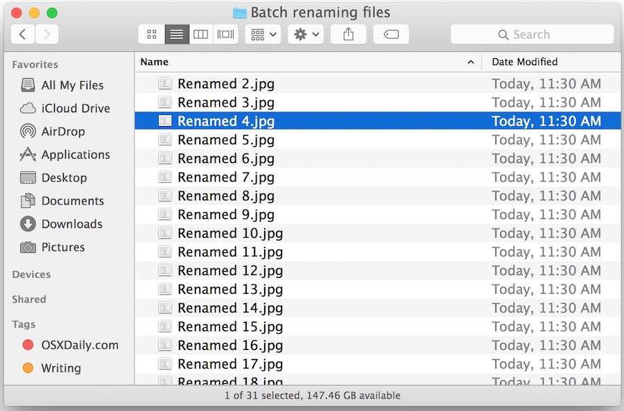 Obtenga los archivos renombrados en Mac OS X después de ejecutar la herramienta Finder Rename Item