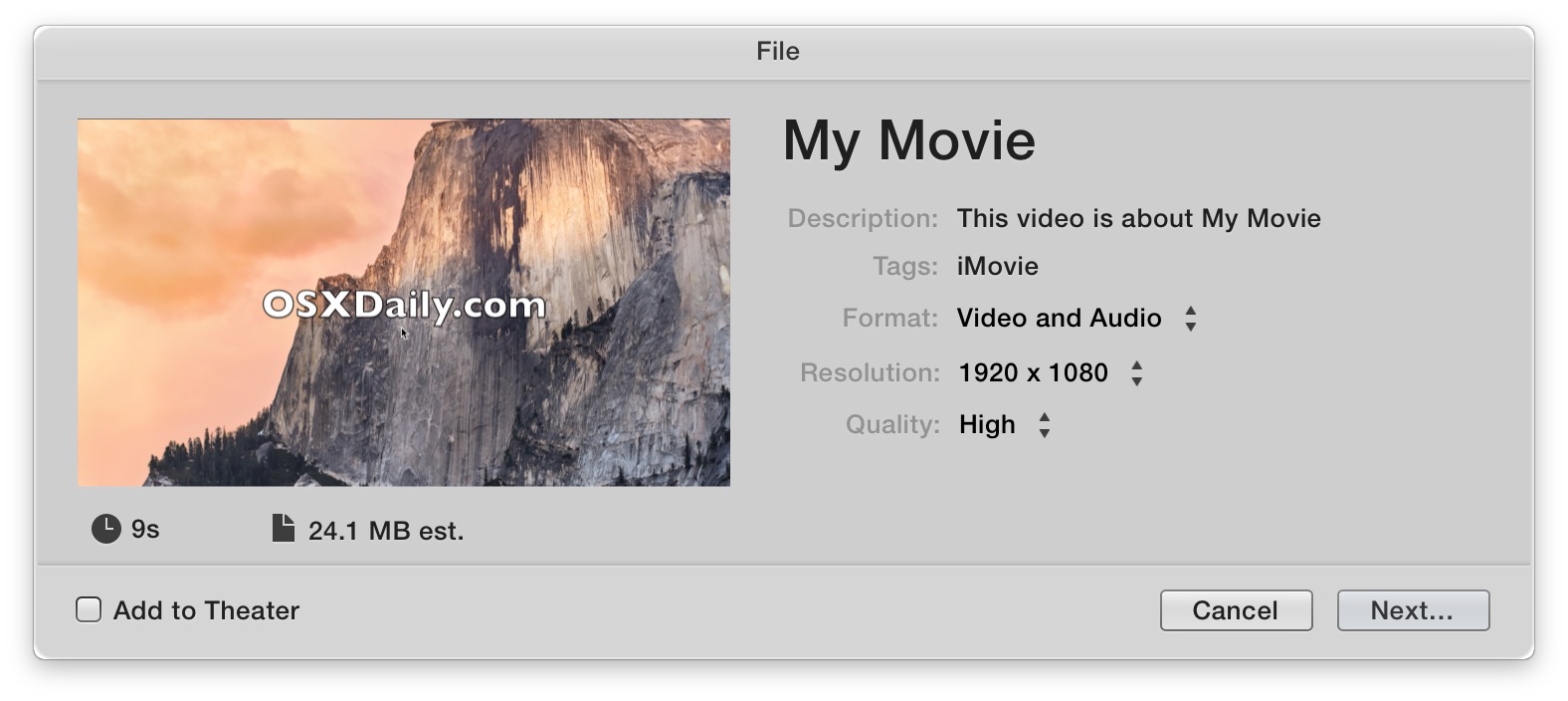 Guardar un video con iMovie para Mac OS X es una experiencia única para guardar archivos usando un menú Compartir