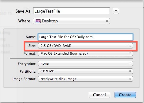 Cree un archivo grande en Mac OS X.
