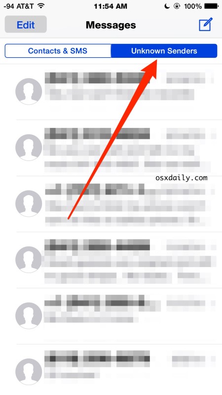 Cuadro de mensaje para remitentes desconocidos en iOS, filtrado de Contactos
