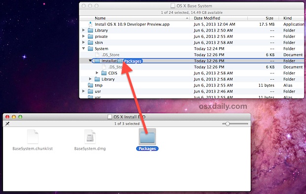 OS X Mavericks completa la unidad de instalación de arranque copiando la carpeta Paquetes