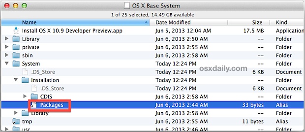 Eliminar el enlace de paquetes de OS X Mavericks