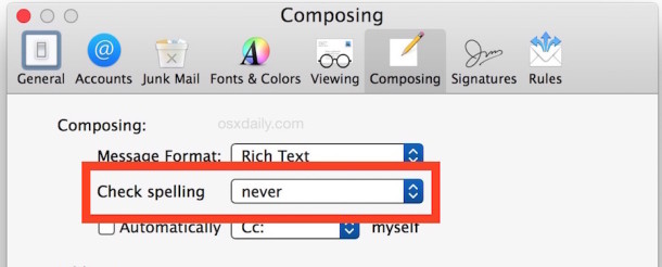 Desactive la revisión ortográfica en la aplicación Mac Mail en Mac OS X.