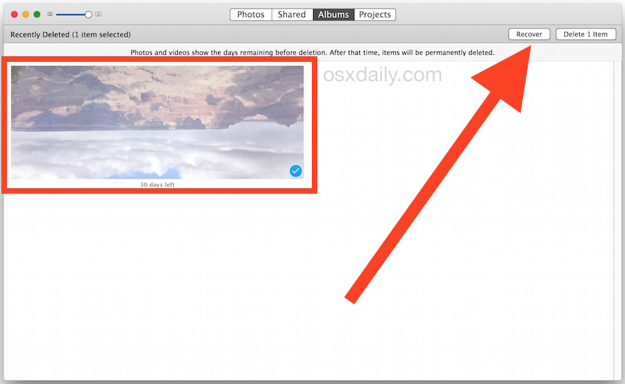 Seleccione una foto para recuperarla y recuperarla desde la aplicación Fotos de Mac en OS X.