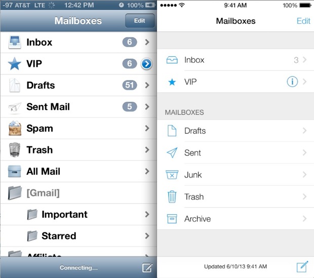 Correo electrónico en iOS 6 vs iOS 7