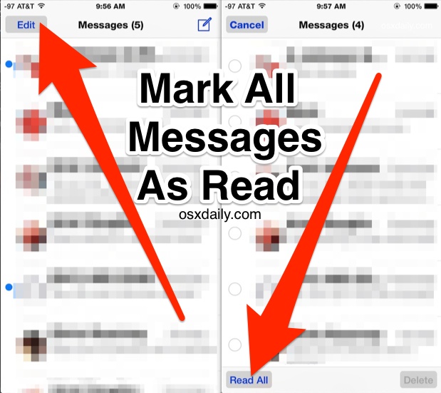 Marque todos los mensajes como leídos en iOS como se demostró con iphone