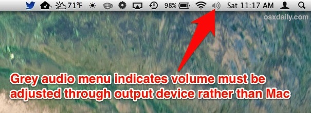 El icono de volumen gris de Mac indica que el volumen de audio debe cambiarse por dispositivo en lugar de OS X