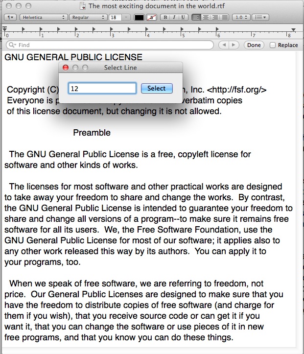 Seleccione un número de línea en los documentos TextEdit para Mac OS X.