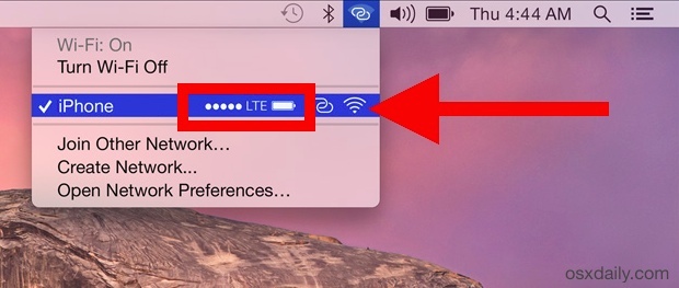 Verifique la señal del iPhone y la duración de la batería en la barra de menú Wi-Fi de Mac OS X