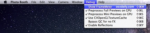 Menú de solución de problemas de Photo Booth en Mac OS X.