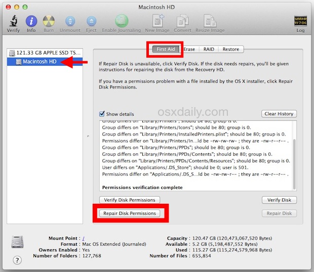 Repare los permisos de disco en Mac OS X.