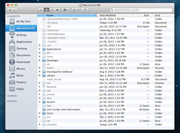 Lista completa de directorio raíz en Mac OS X Finder