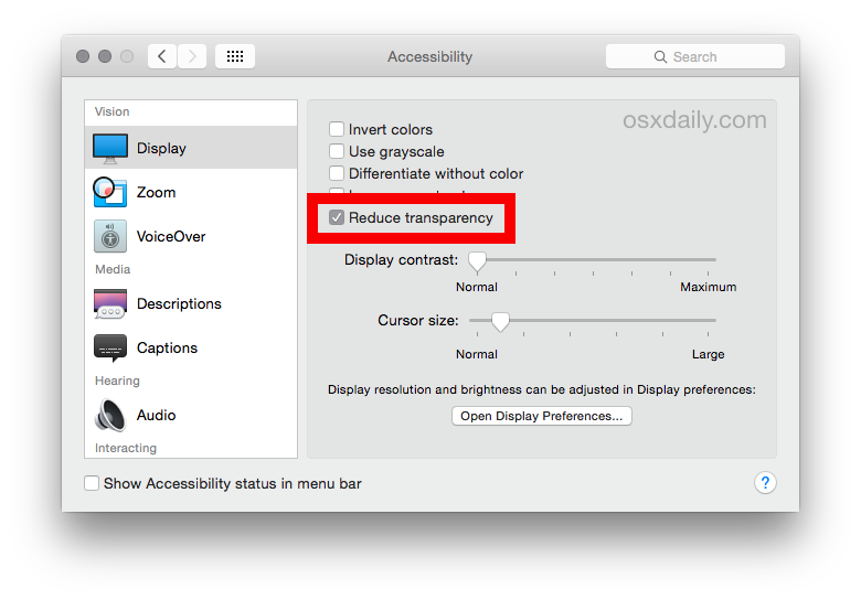 Deshabilitar los efectos de transparencia en OS X Yosemite