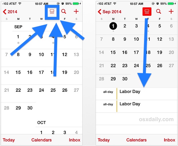 Vaya a la vista Lista de calendario en iOS