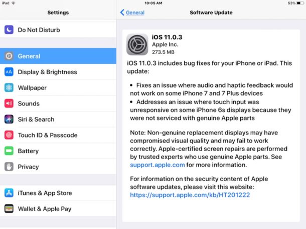 iOS 11.0.3 se descarga e instala en Configuración