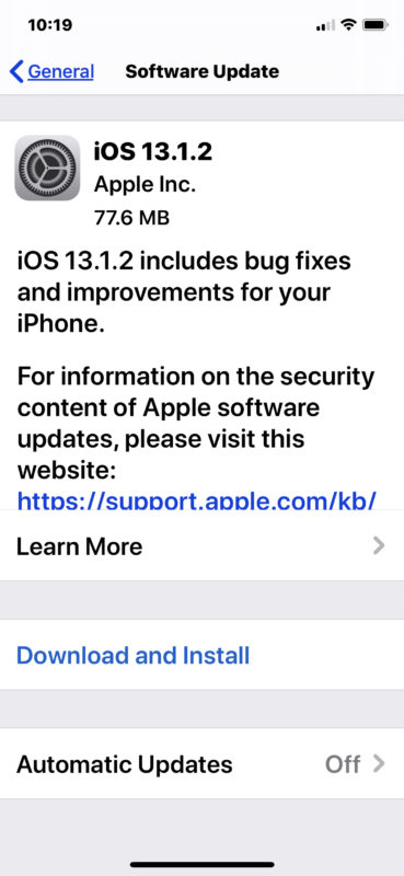 Descargar la actualización de iOS 13.1.2