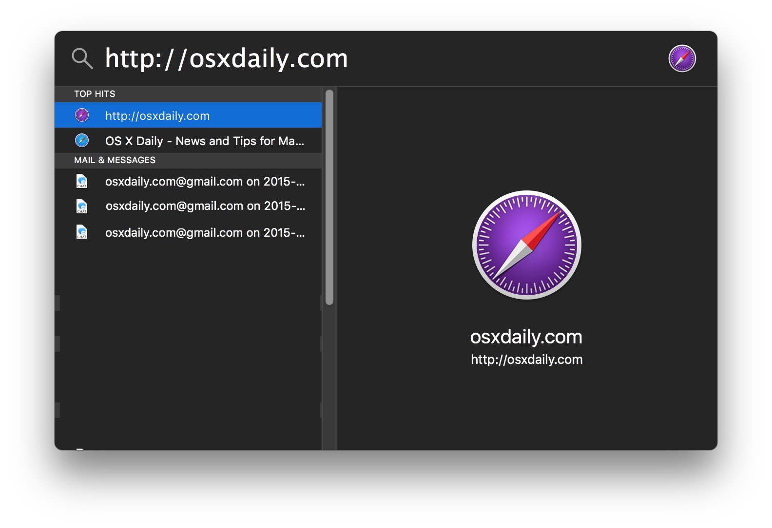 Abra la URL de un sitio desde Spotlight en su Mac