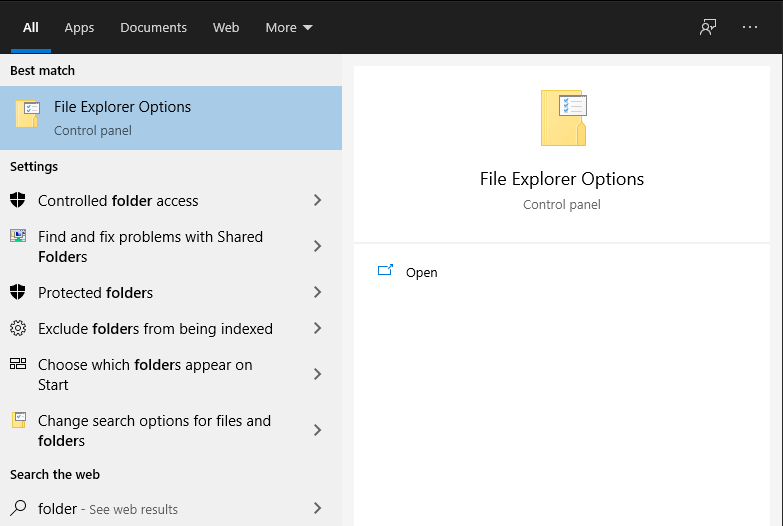 Captura de pantalla que muestra las opciones del Explorador de archivos en la búsqueda del menú Inicio de Windows 10