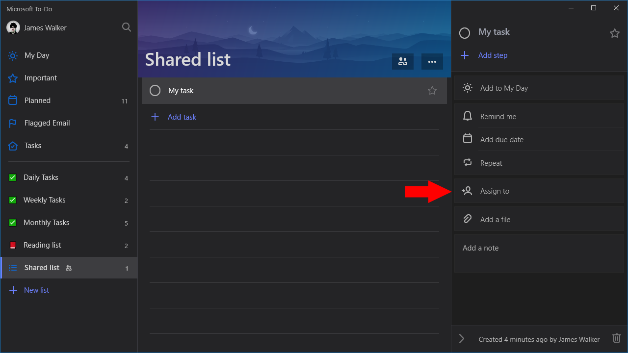 Captura de pantalla de las listas compartidas de Microsoft To-Do