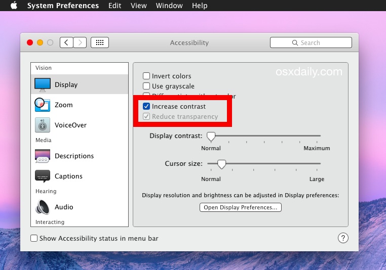 Aumente el contraste de los elementos de la interfaz de usuario en OS X Yosemite